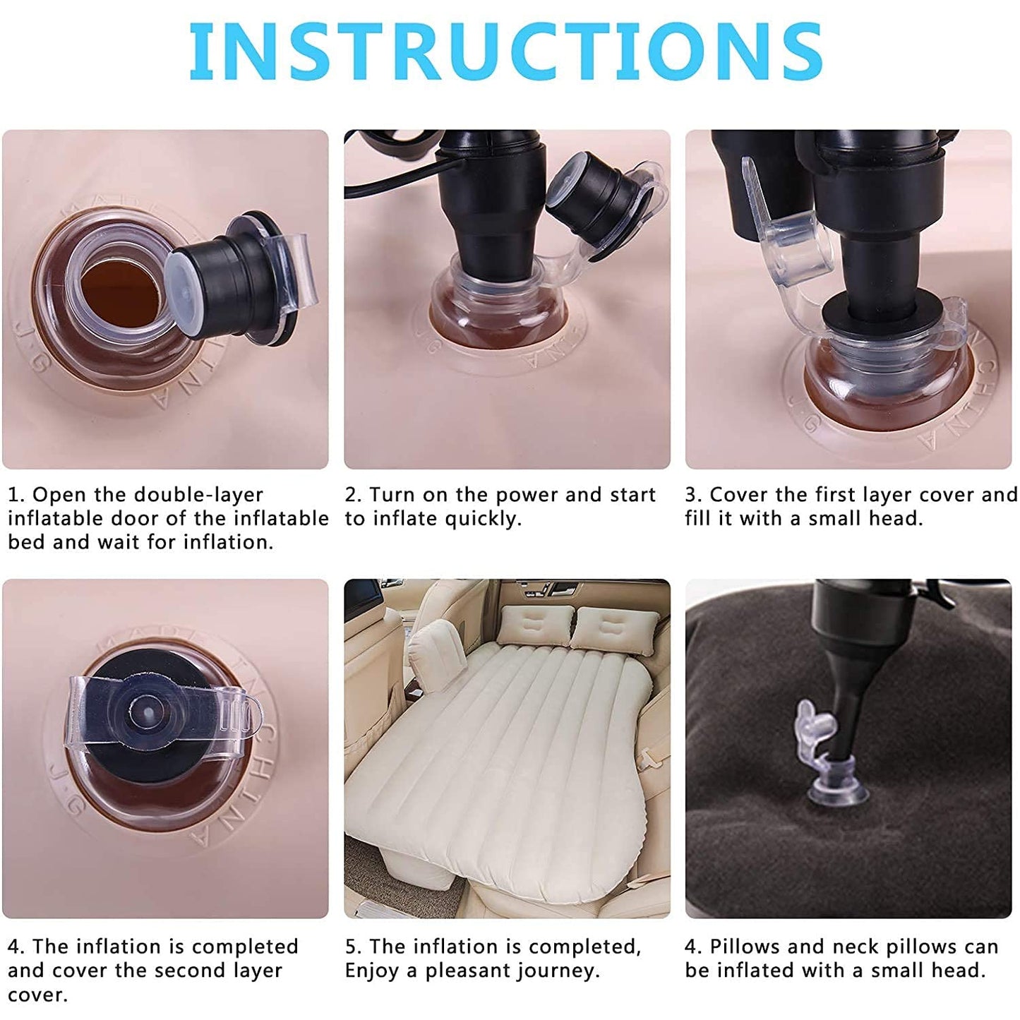 portable car air mattress for back seat showing inflation valve steps and fully inflated beige backseat bed