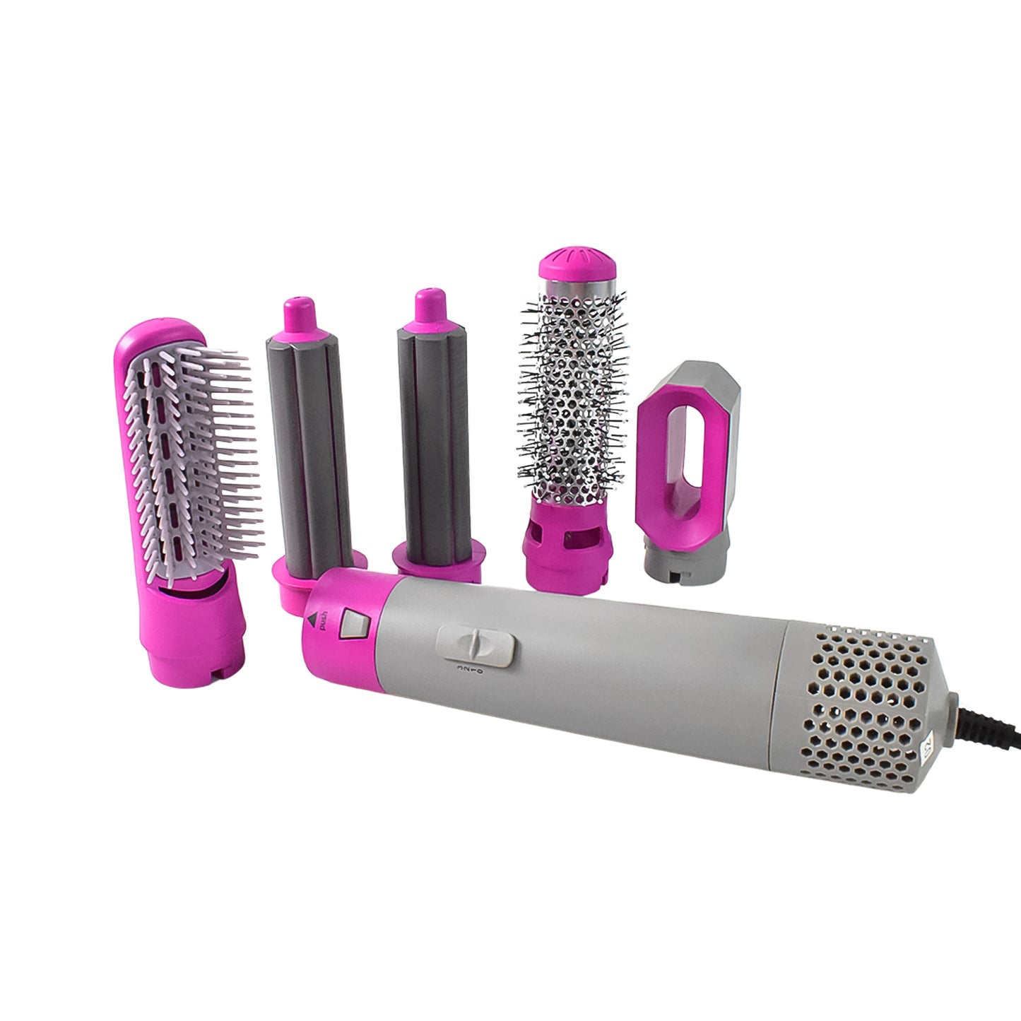 multifunctional hot air styler gray and pink with five interchangeable brush and barrel attachments for styling