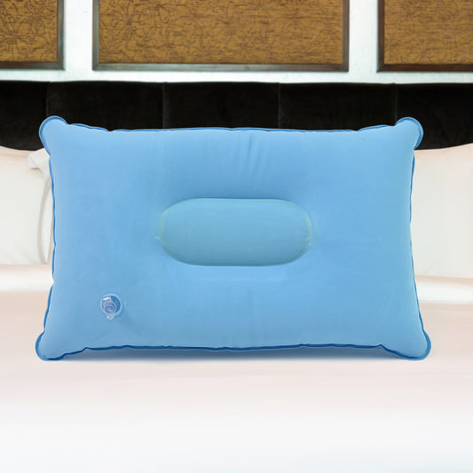 blue compact inflatable pillow for camping with center head cradle and air valve for travel