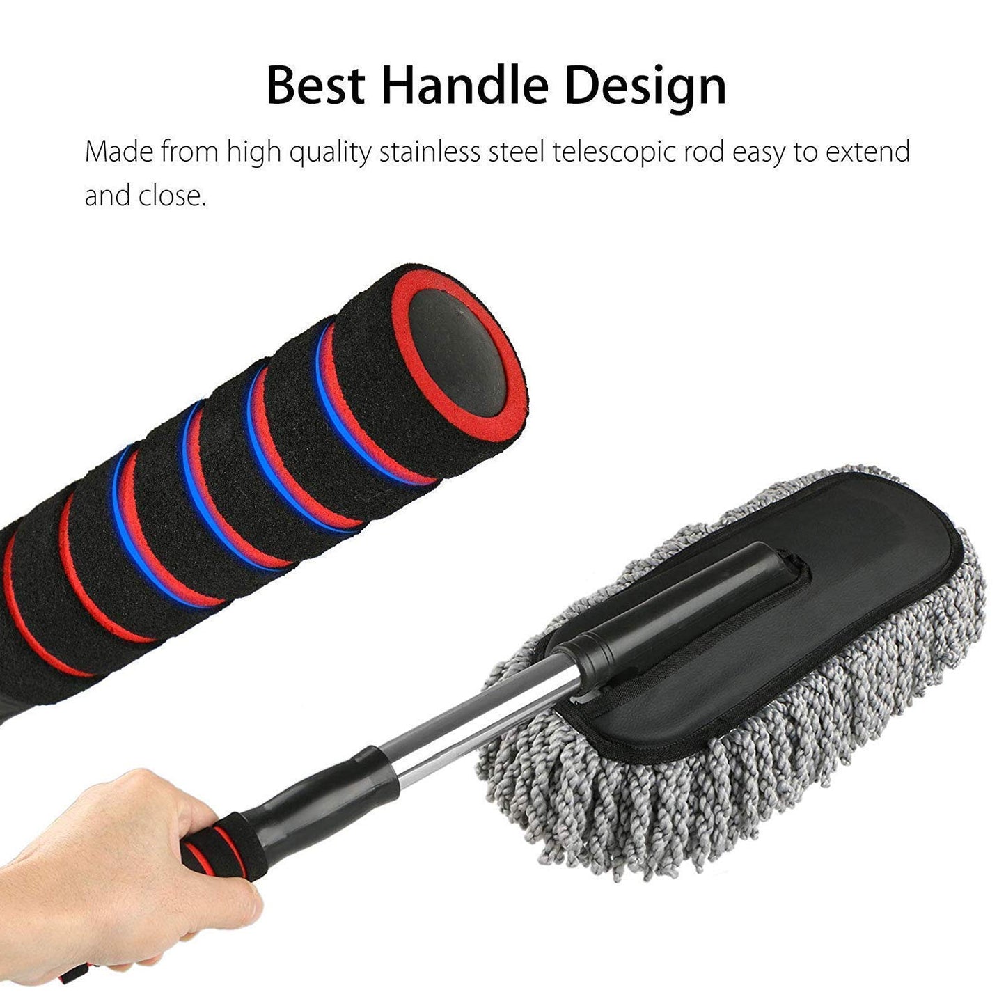 soft bristle car duster for detailing with telescopic foam handle and gray microfiber mop head