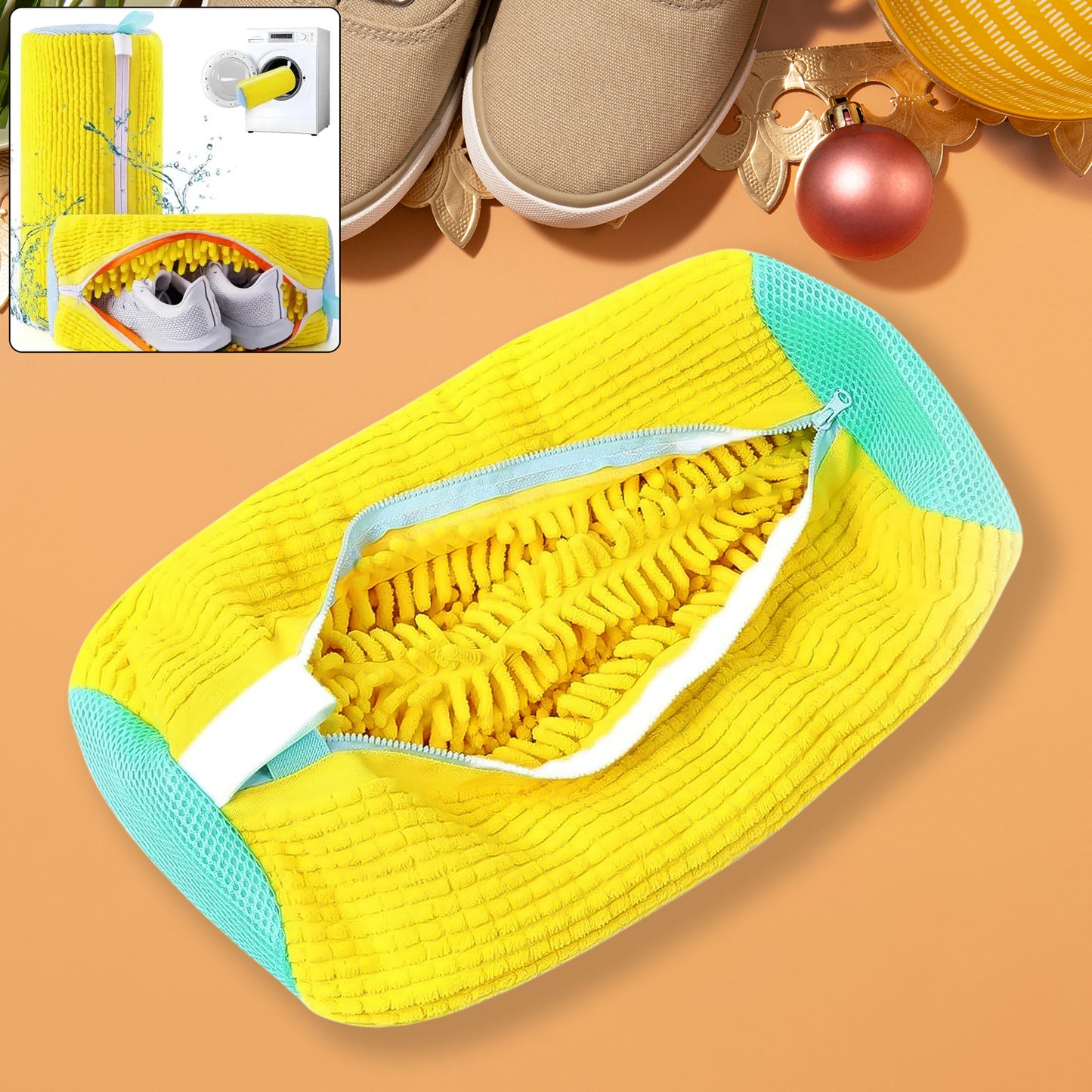 yellow microfiber shoe cleaning mop cover with zipper and chenille interior for easy washing and shoe cleaning