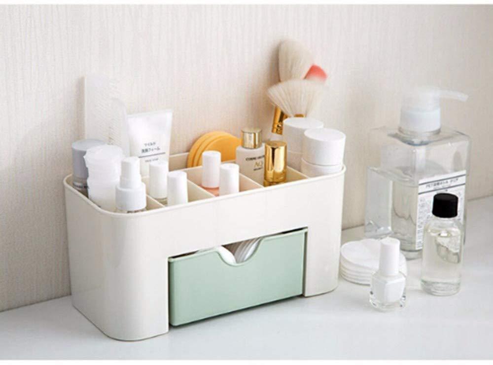 white cosmetic organizer with compartments and mint drawer holding brushes and bottles makeup cutlery box for girls