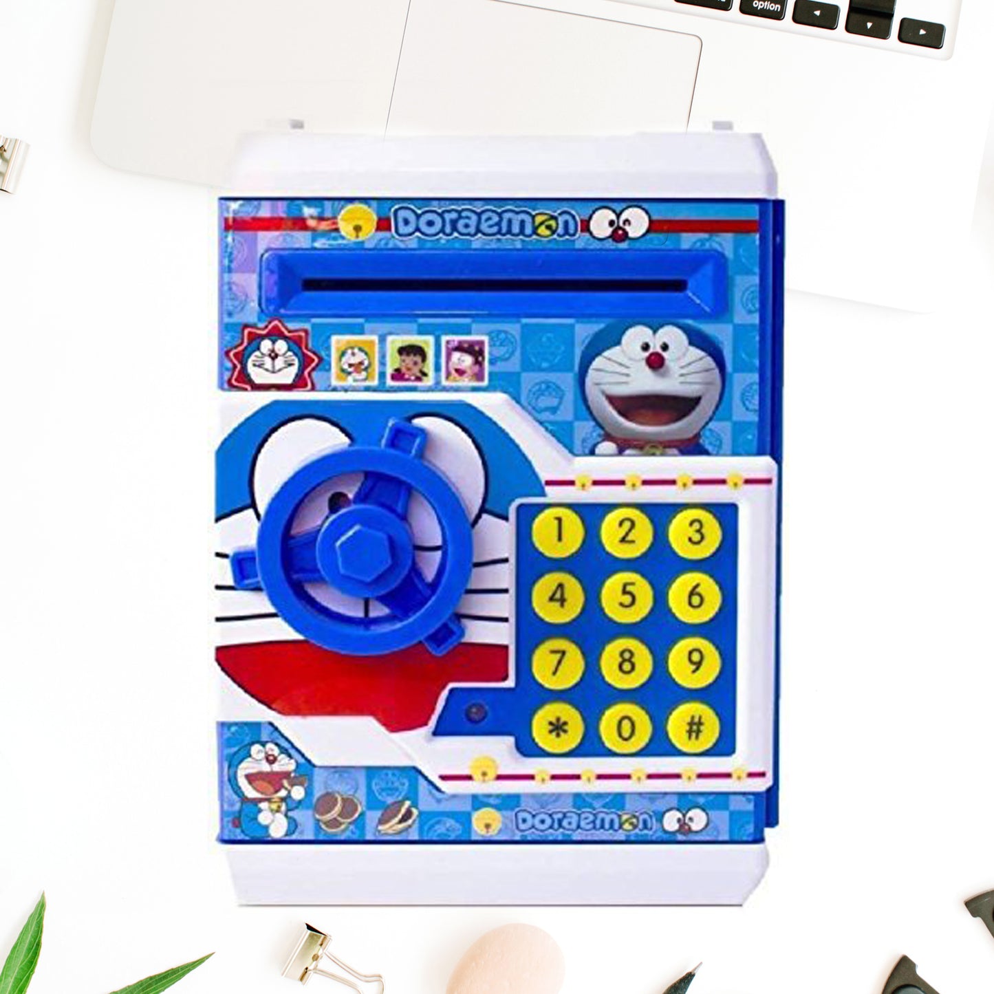 Blue Doraemon electronic lock piggy bank for kids gifts safe with keypad and rotating dial