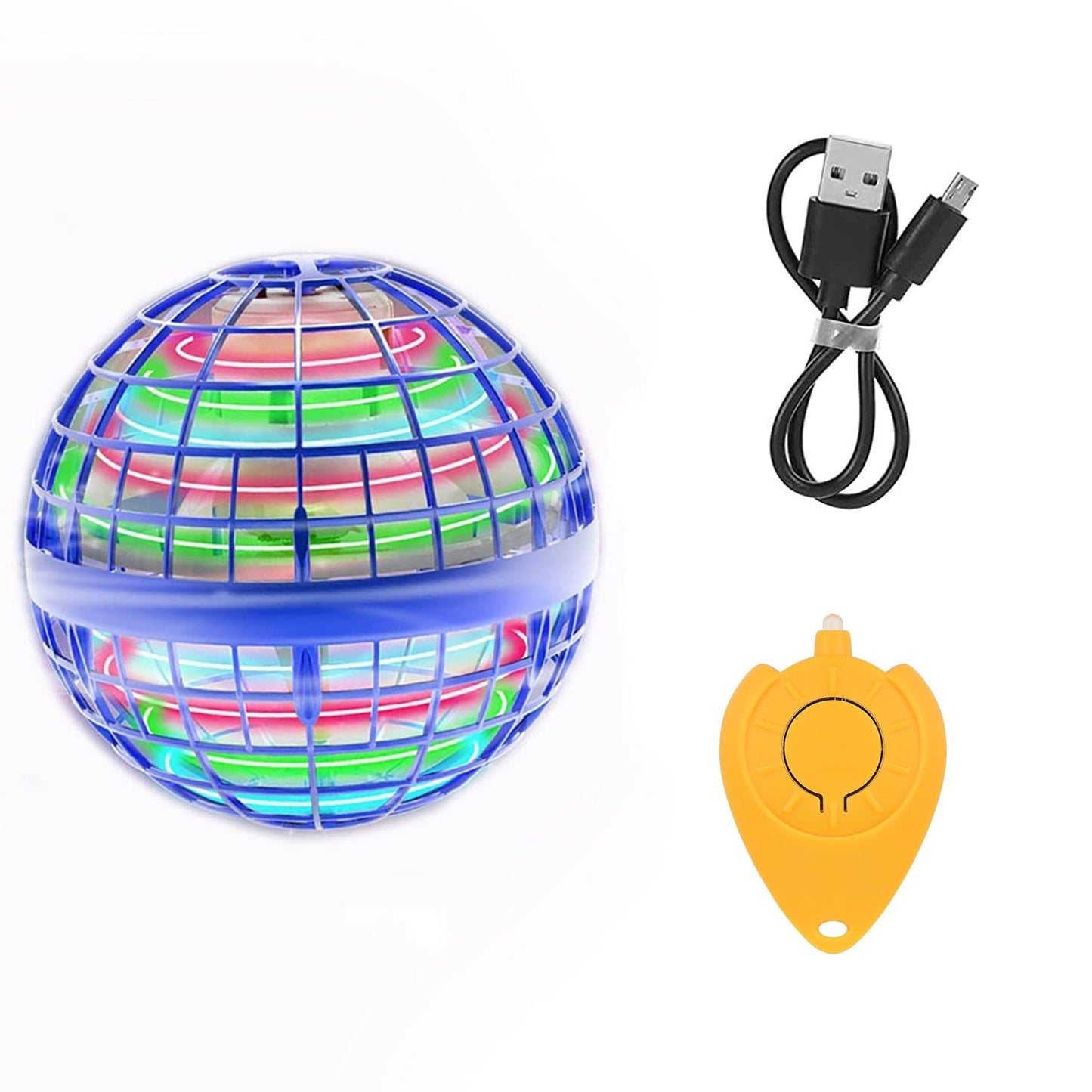 flying orb ball toy with colorful lights and USB charging cable for interactive fun