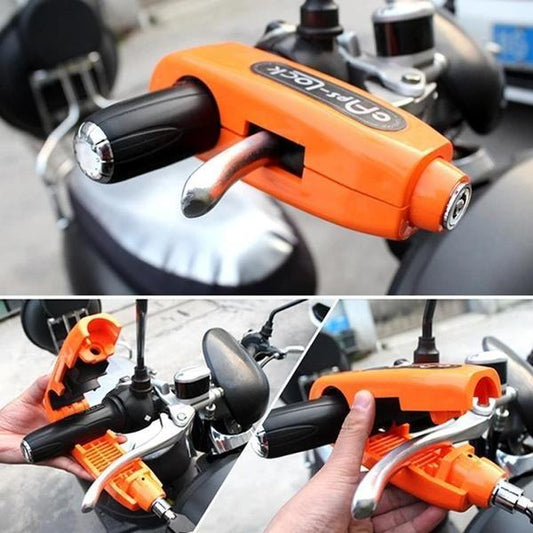 orange anti-theft brake lever lock for bikes mounted on motorcycle handlebar to prevent theft