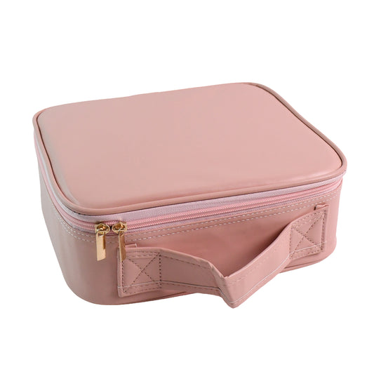pink rectangular travel cosmetic case with handle and zipper premium makeup storage with mirror