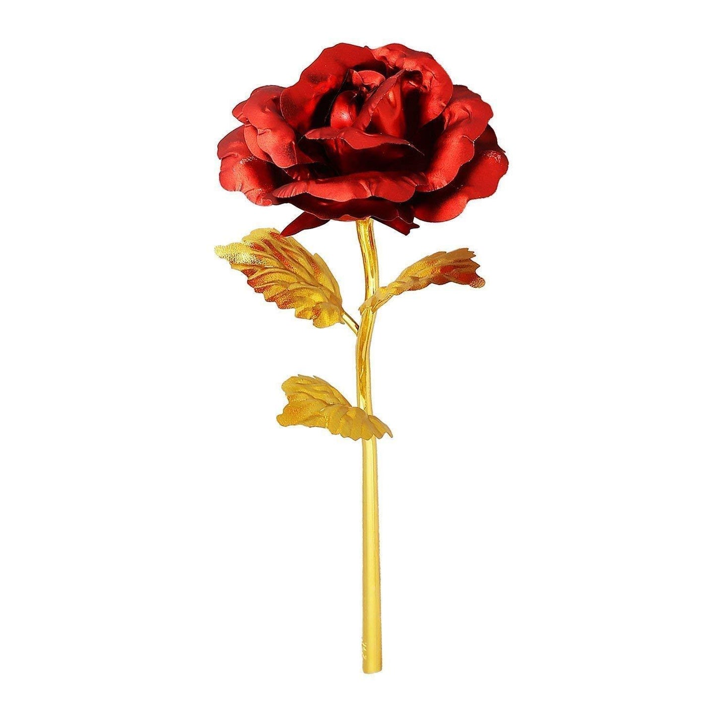 Rose gold red rose with gift box single metallic red rose with gold stem and leaves on white background