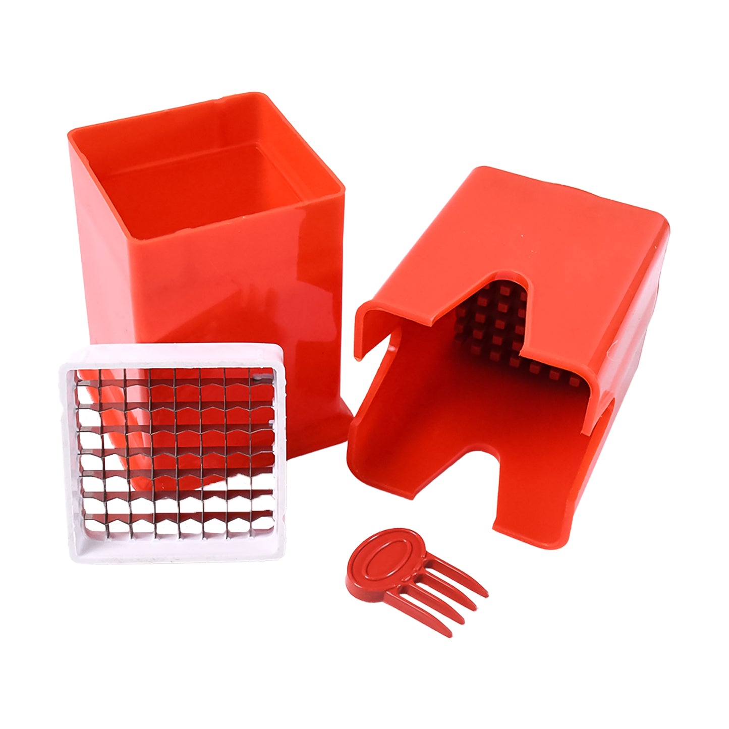 red plastic french fries cutter for home with stainless steel grid blade and pusher fork