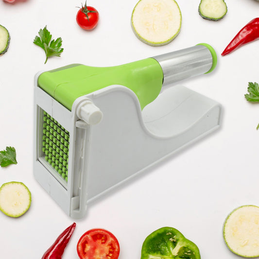 green and white french fry cutter for home with stainless handle and cube blade for potatoes