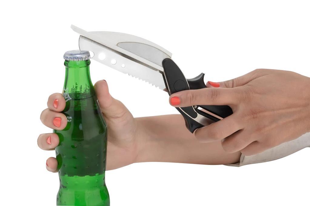 stainless steel food chopper tool multifunction kitchen scissors with bottle opener in hand