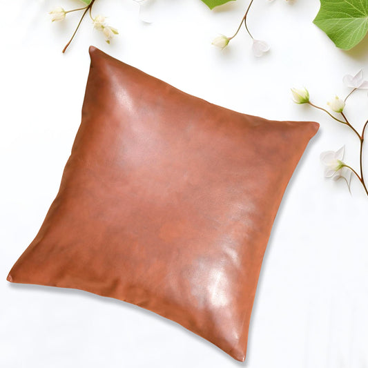 brown faux leather square modern home decor pillowcase on white background with flowers