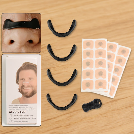 nasal dilator kit with adhesive tabs and applicator nose strips to reduce snoring