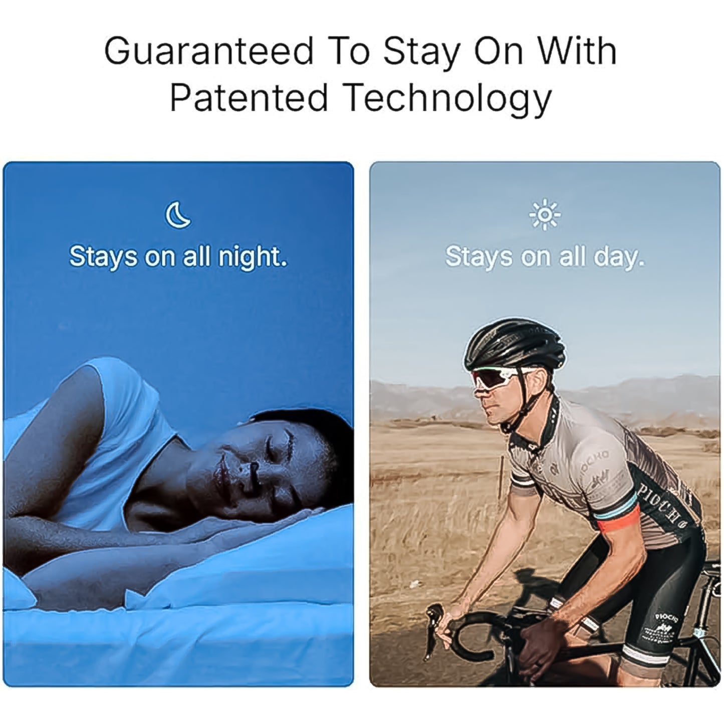 nose strips to reduce snoring showing product stays on all night while sleeping and all day cycling