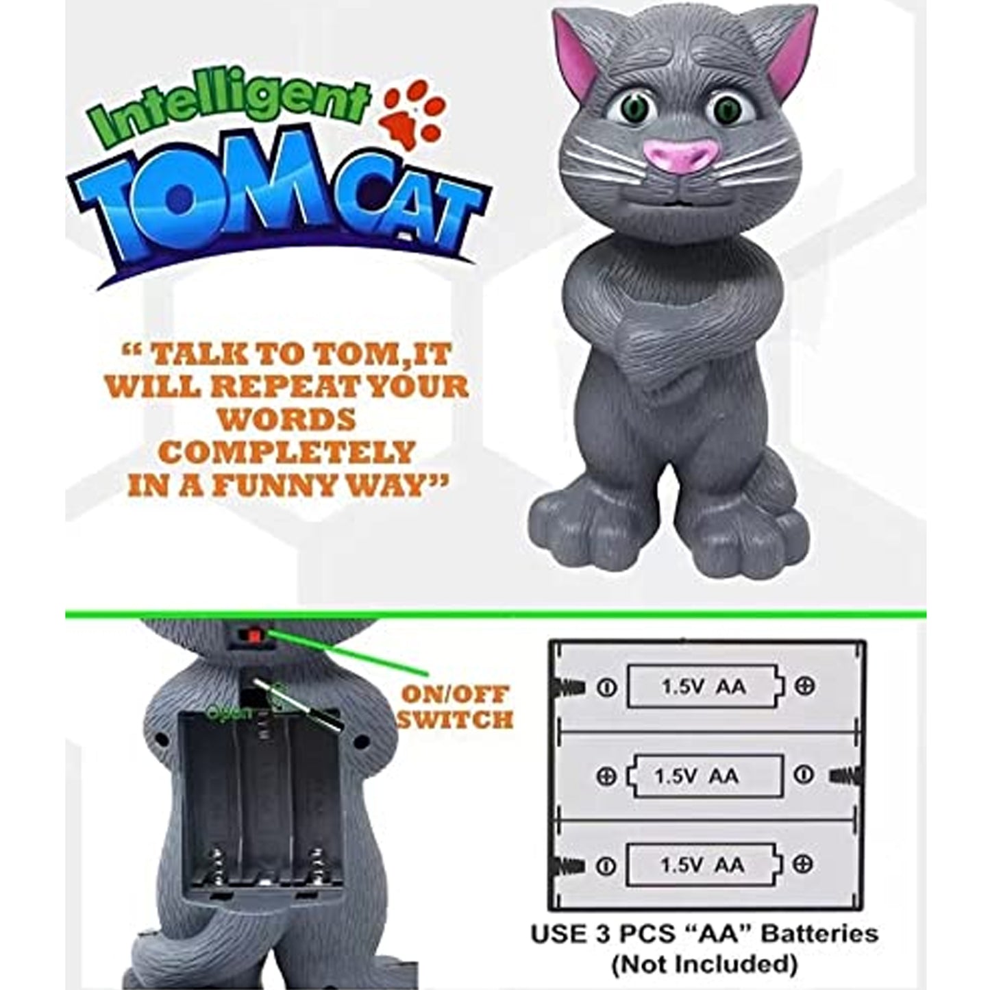 Gray interactive talking tom cat toy with repeating voice function battery compartment and on off switch