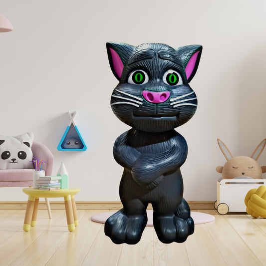 interactive talking tom cat toy black cat figure with green eyes and pink nose standing in kids playroom