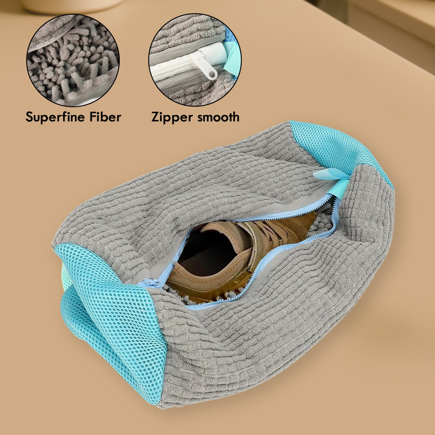 grey microfiber shoe bag with blue mesh ends and zipper showing brown boot machine washable shoe bag durable