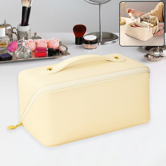 premium cream makeup bag with gold zipper and top handle for organized travel and storage