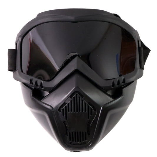 black tactical motorcycle goggles with mask full face tinted lens vented mouthpiece adjustable strap