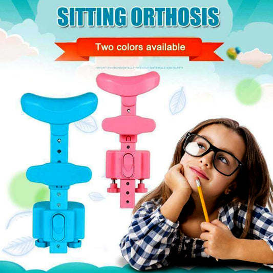 kids sitting posture corrector blue and pink sitting orthosis shown beside a thoughtful girl with glasses