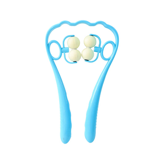 Blue dual roller neck and shoulder massager with ergonomic handles and four textured rolling balls for relief