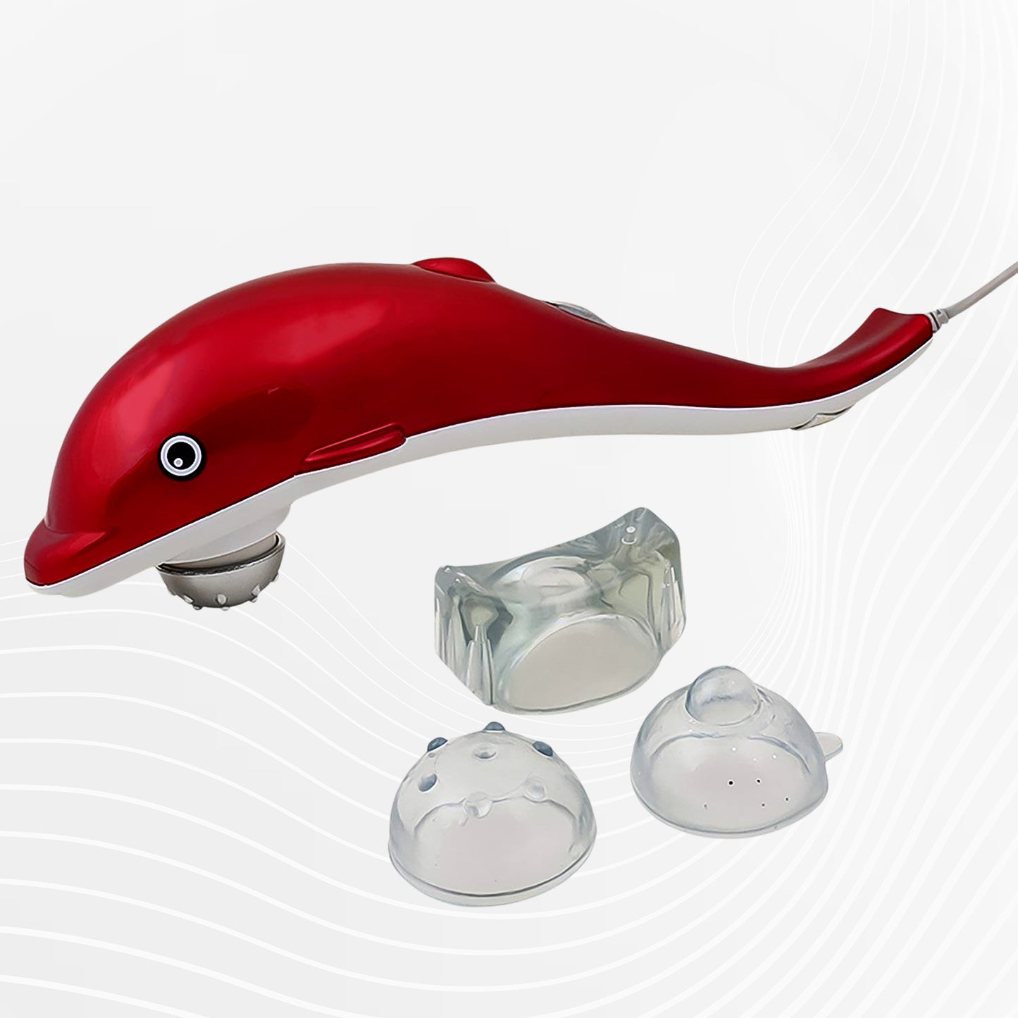 red dolphin handheld portable electric body massager with three clear interchangeable massage heads for sore muscles