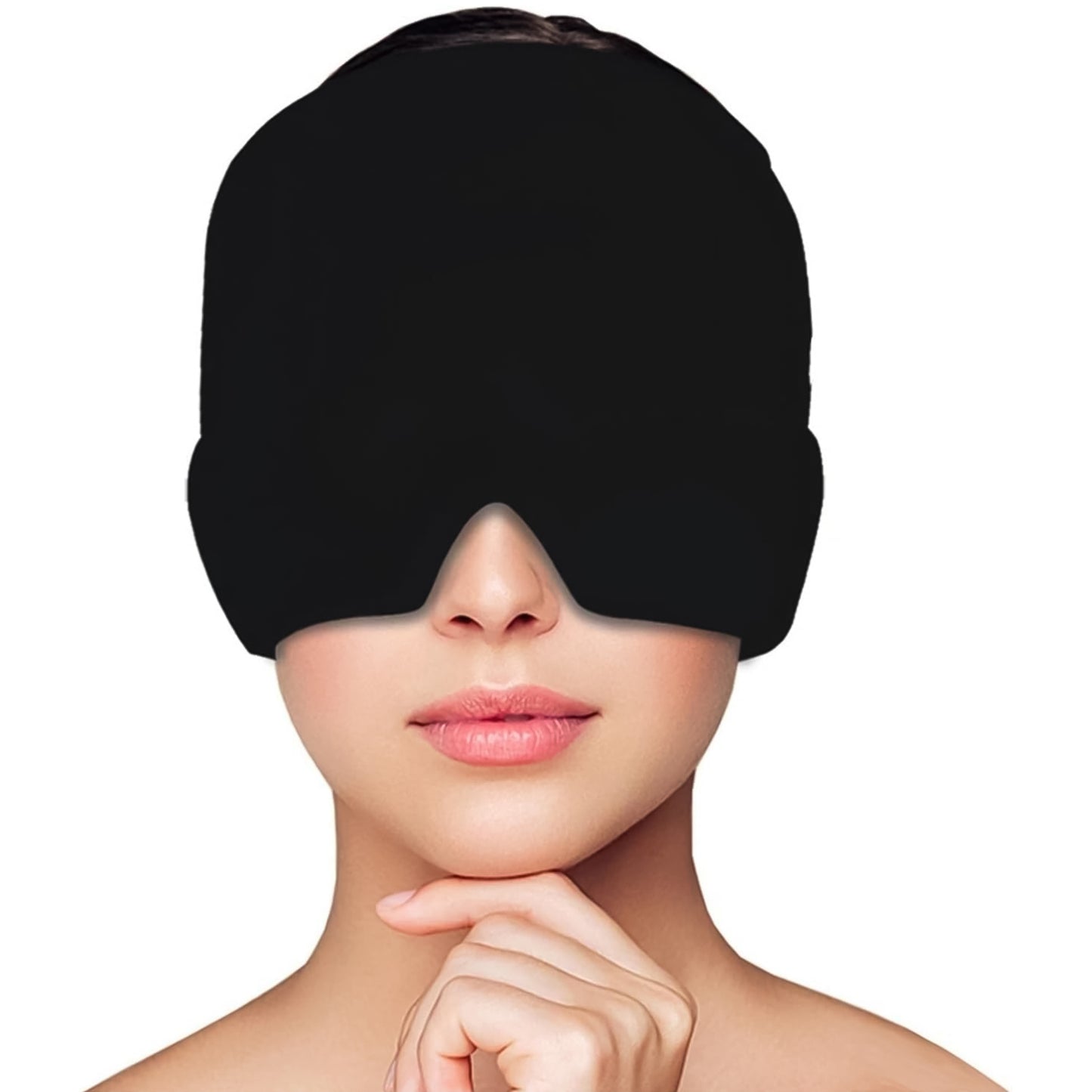 black headache relief wrap covering eyes and forehead for migraine and sinus pain relief