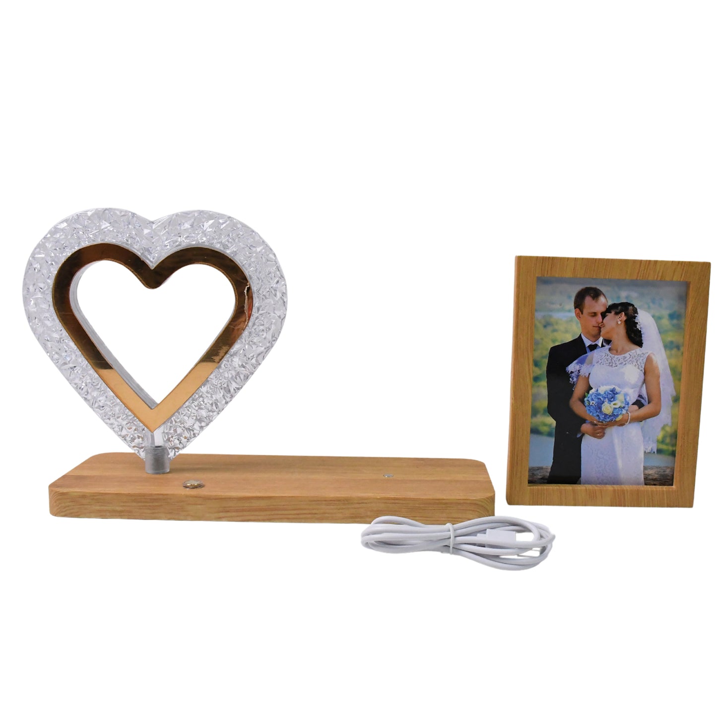 heart shaped LED on wooden base with photo frame and USB cord personalized night lamp wedding gift