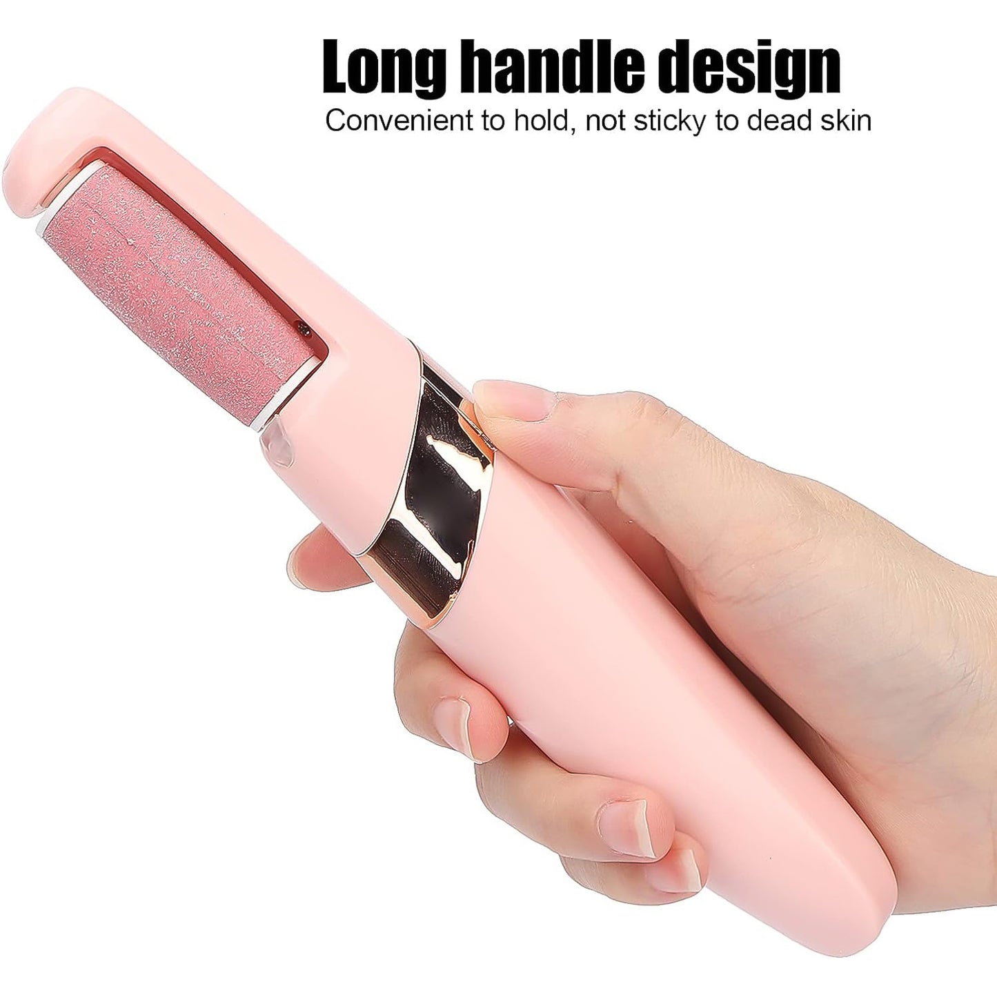 pink long handle electronic foot file held in hand with coarse roller best electronic foot file for smooth heels