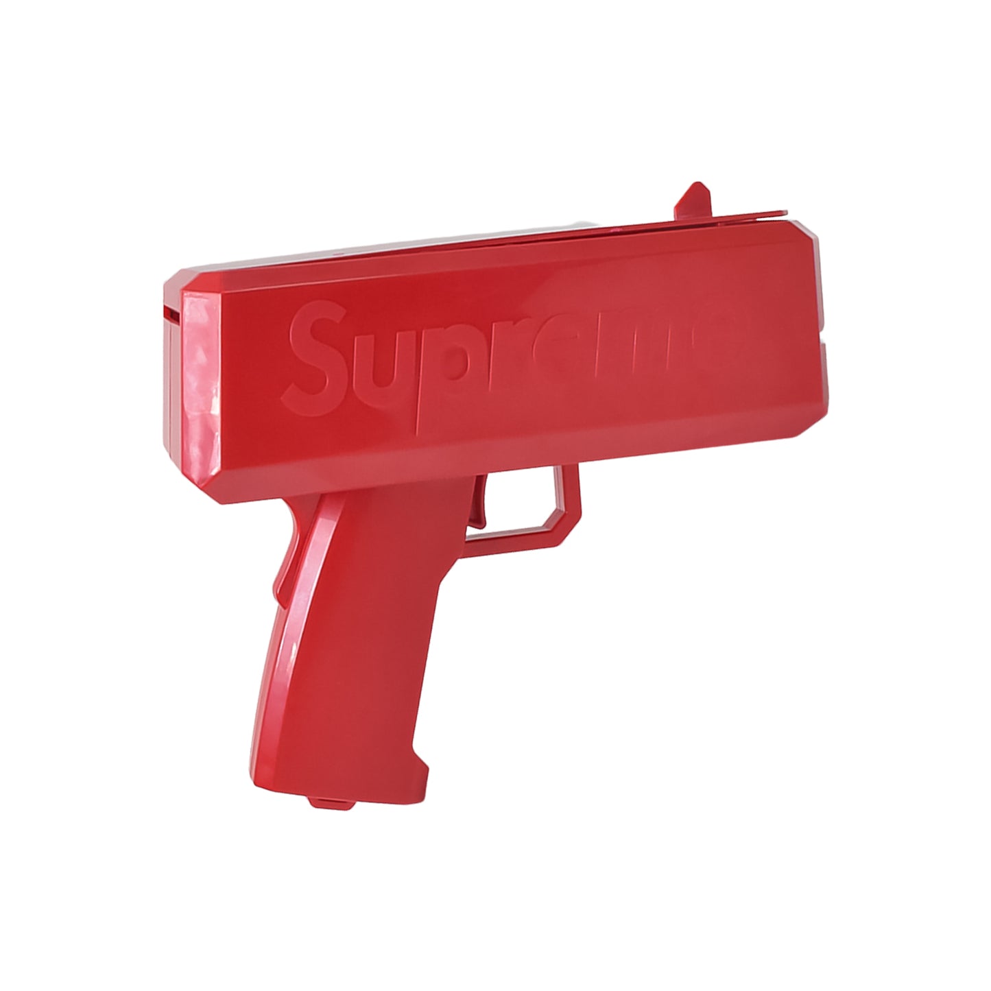 red plastic cash cannon toy pistol with embossed logo money gun shooter for parties