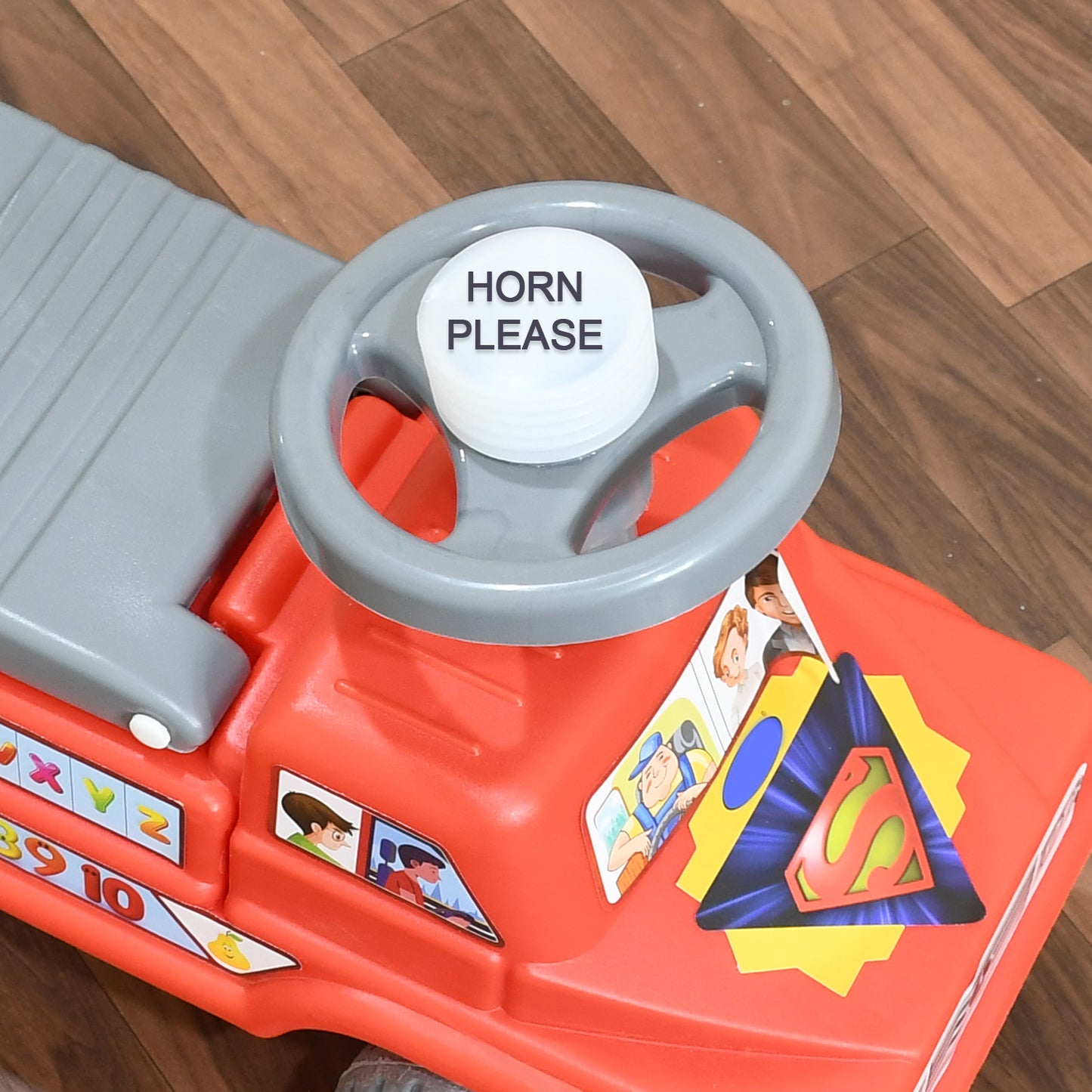 red plastic kids ride on push car with backrest gray steering wheel horn please stickers