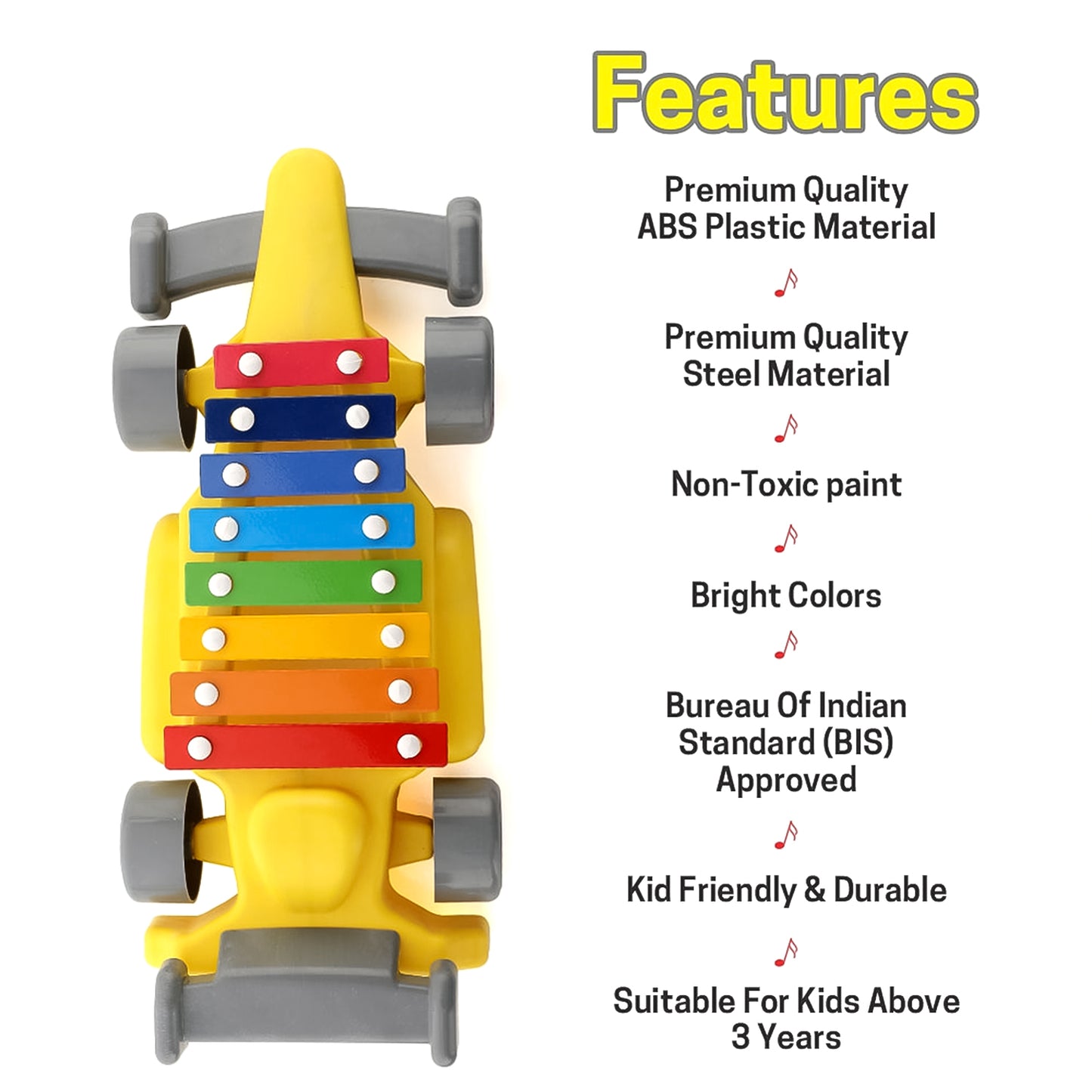 musical car xylophone toy yellow push car with rainbow metal keys and rolling wheels for toddlers
