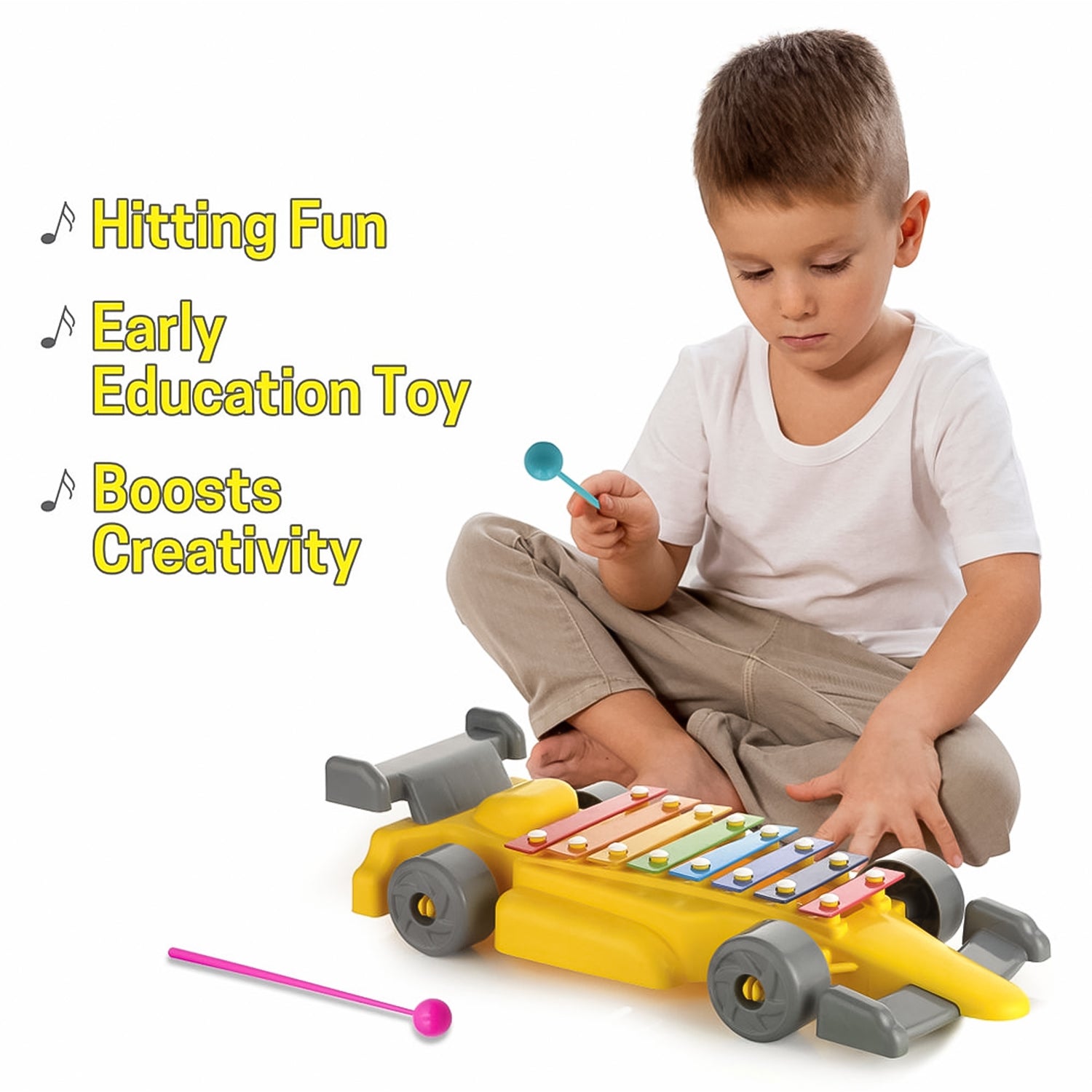 musical car xylophone toy yellow car shaped xylophone with mallets and child playing