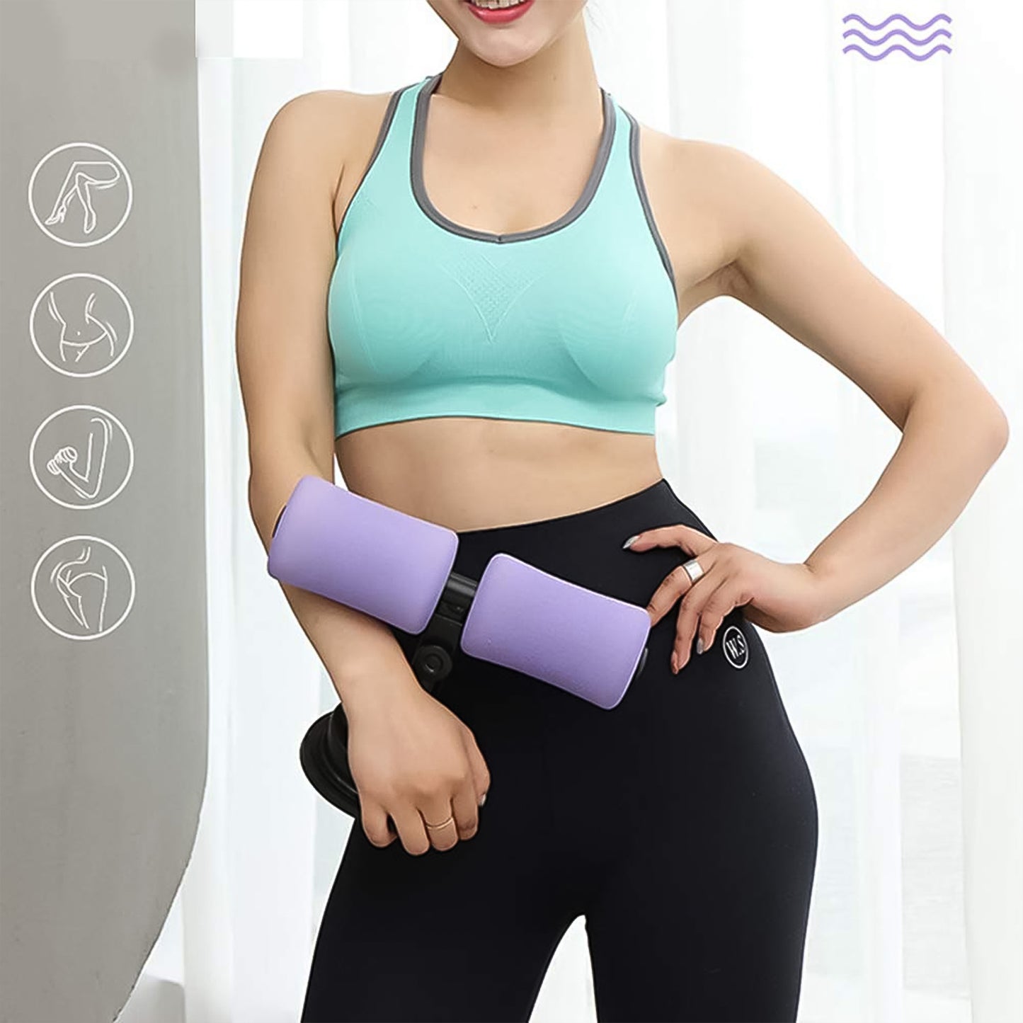 floor suction fitness tool for home purple foam sit up bar held by woman in teal sports bra