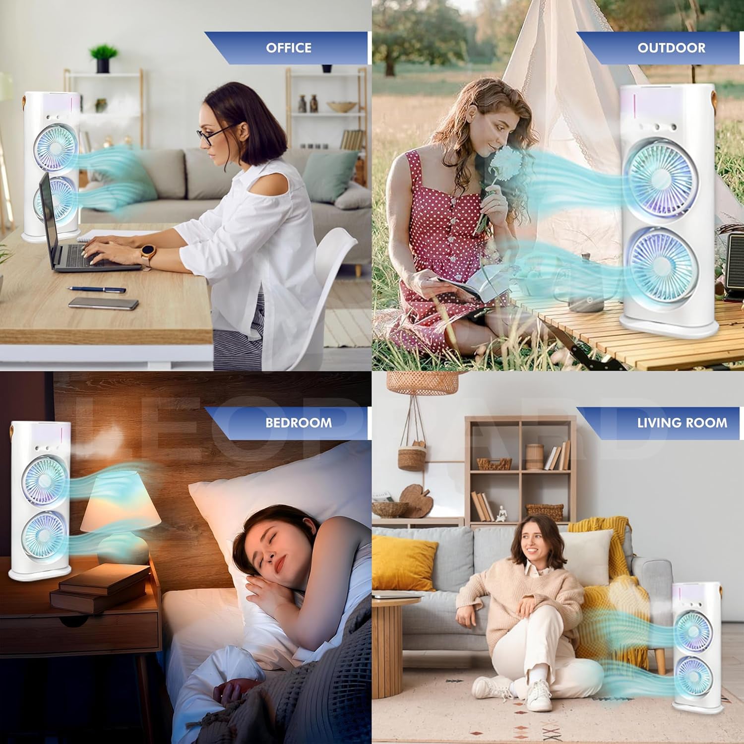double head electric fan with remote shown in office outdoor bedroom and living room delivering quiet cooling