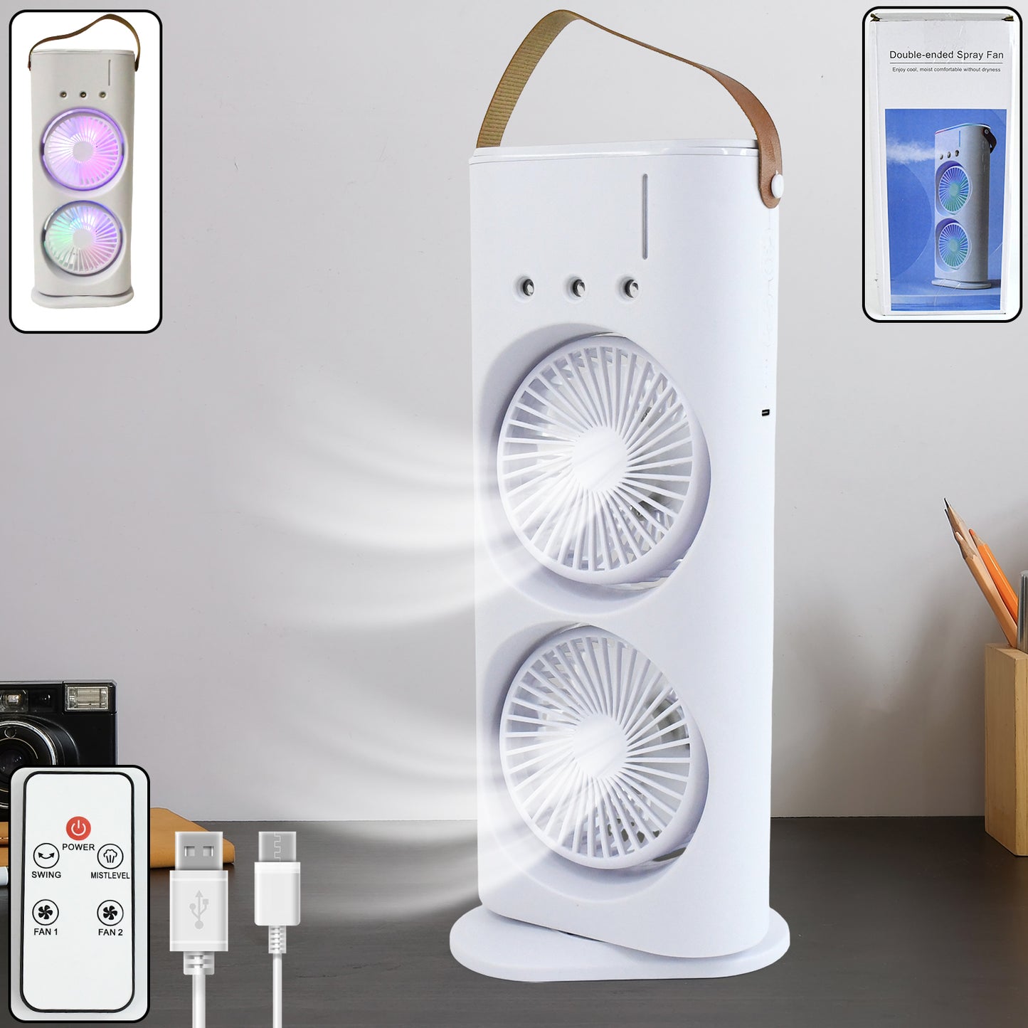 portable white double head electric fan with remote USB charging and carry strap