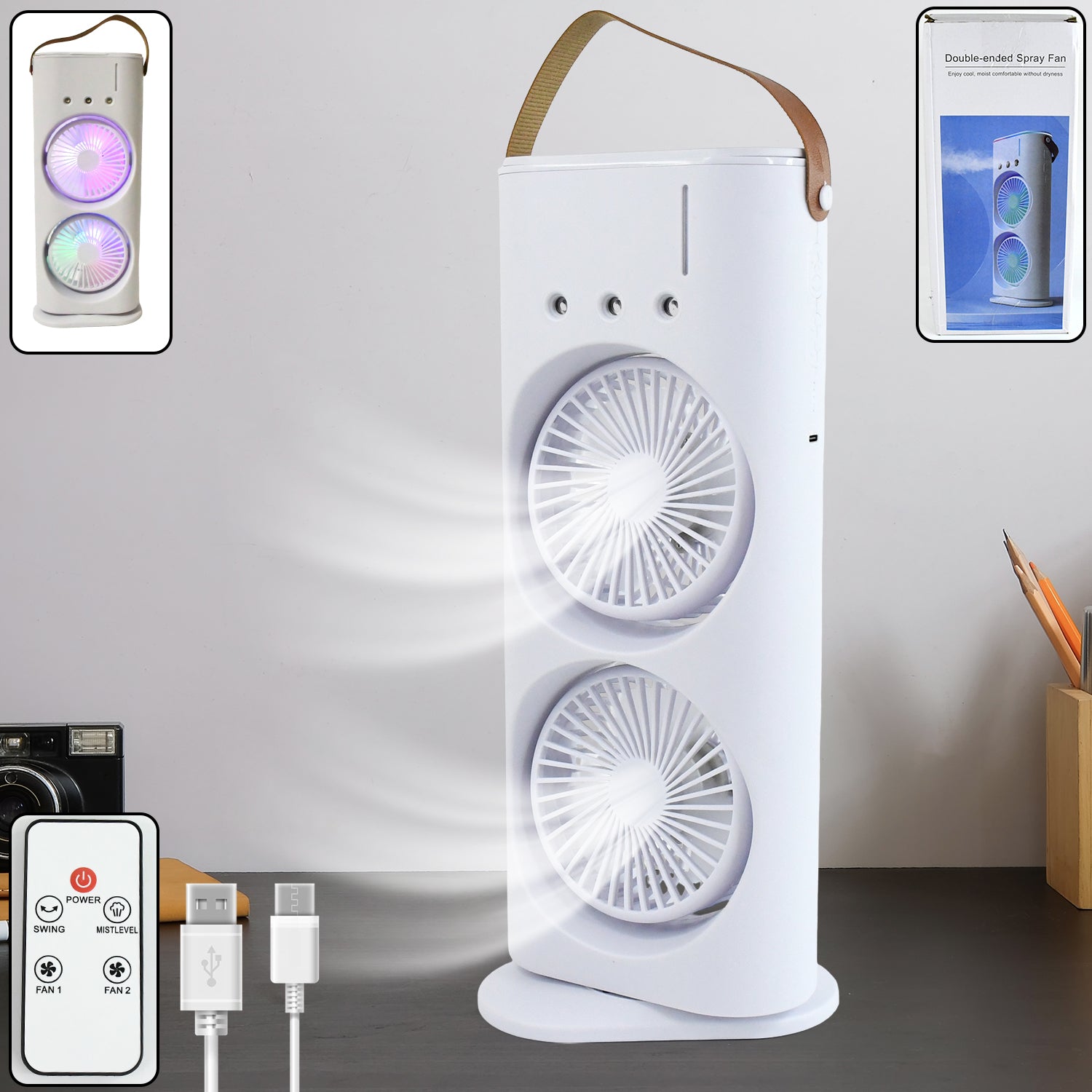portable white double head electric fan with remote USB charging and carry strap