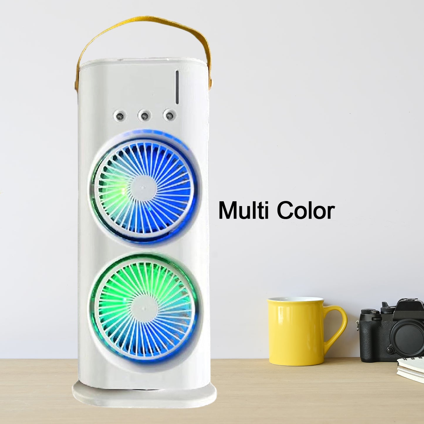 double head electric fan with remote portable white tower with multicolor LED dual fans and handle