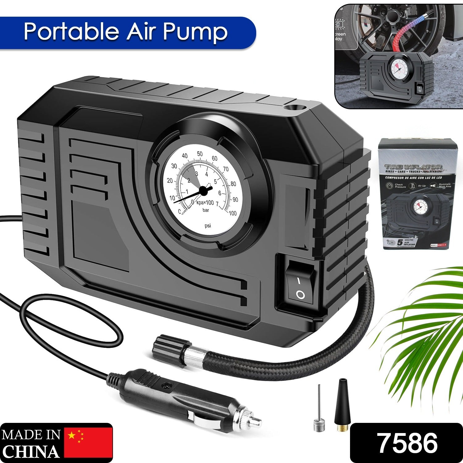 Black compact portable air pump with analog gauge hose and adapters best portable air pump with LED light