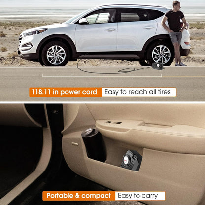 best portable air pump with LED light inflating an SUV tire with 118.11 inch power cord and compact storage