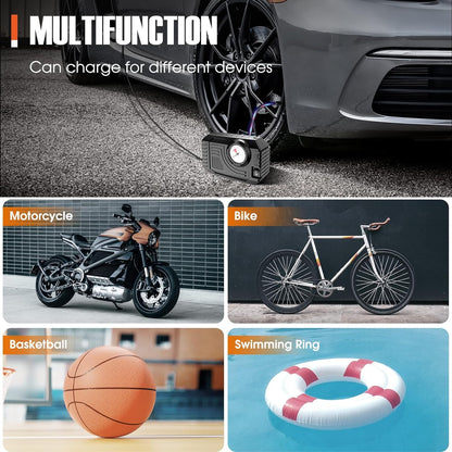 car inflator showing use on tire motorcycle bike basketball and swim ring best portable air pump with LED light