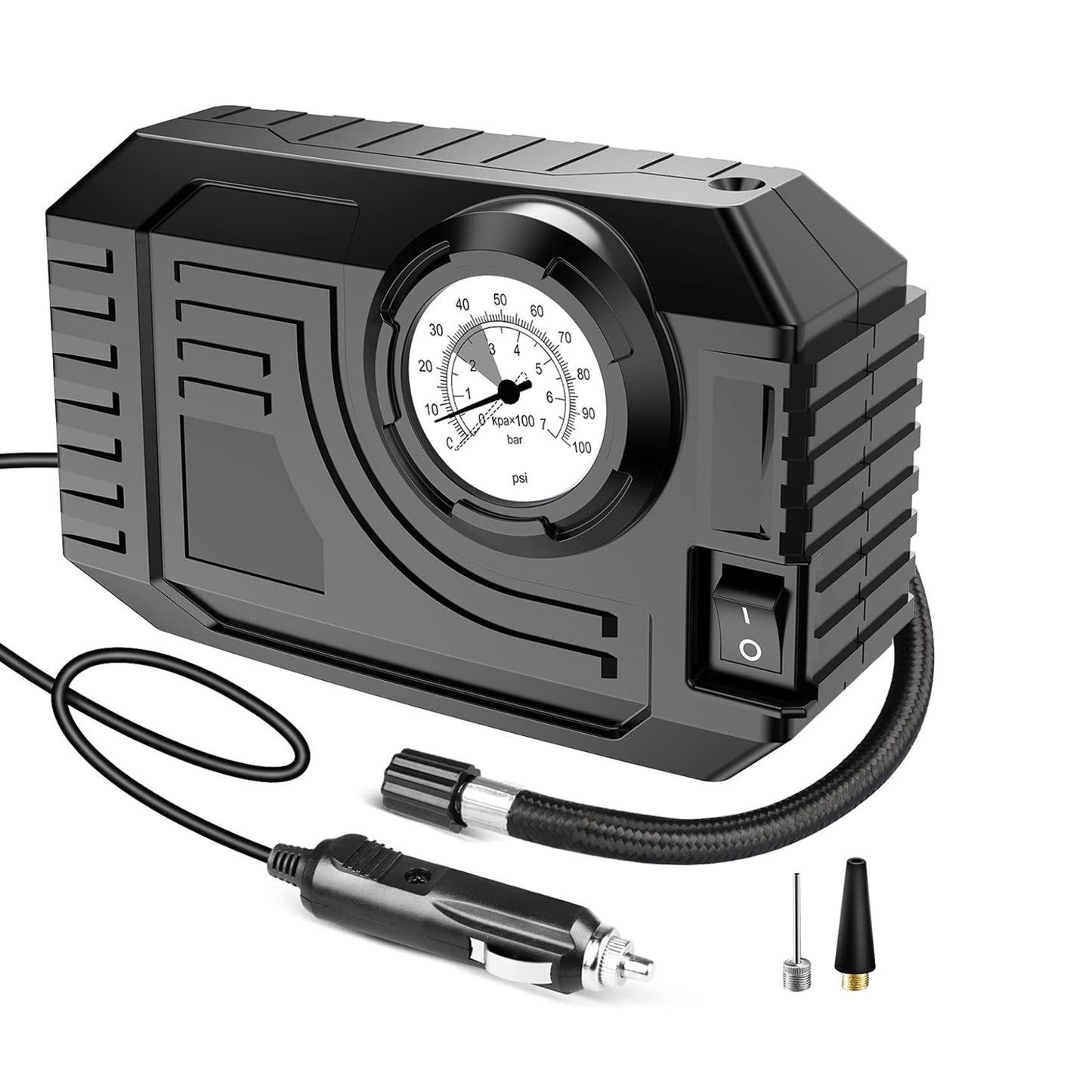 compact automotive inflator with analog gauge and cigarette lighter plug best portable air pump with LED light