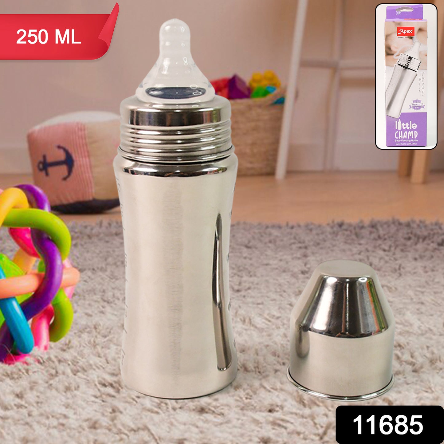 stainless steel baby feeding bottle 250 ml with silicone nipple and removable cap on nursery rug