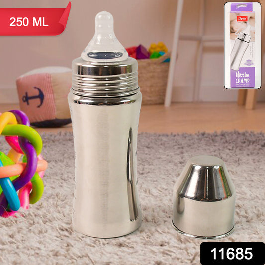 stainless steel baby feeding bottle 250 ml with silicone nipple and removable cap on nursery rug