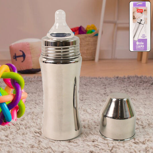 stainless steel baby feeding bottle with silicone nipple and removable travel cap on nursery rug