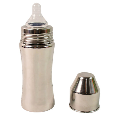 stainless steel baby feeding bottle with clear silicone nipple and removable metal cap silver finish