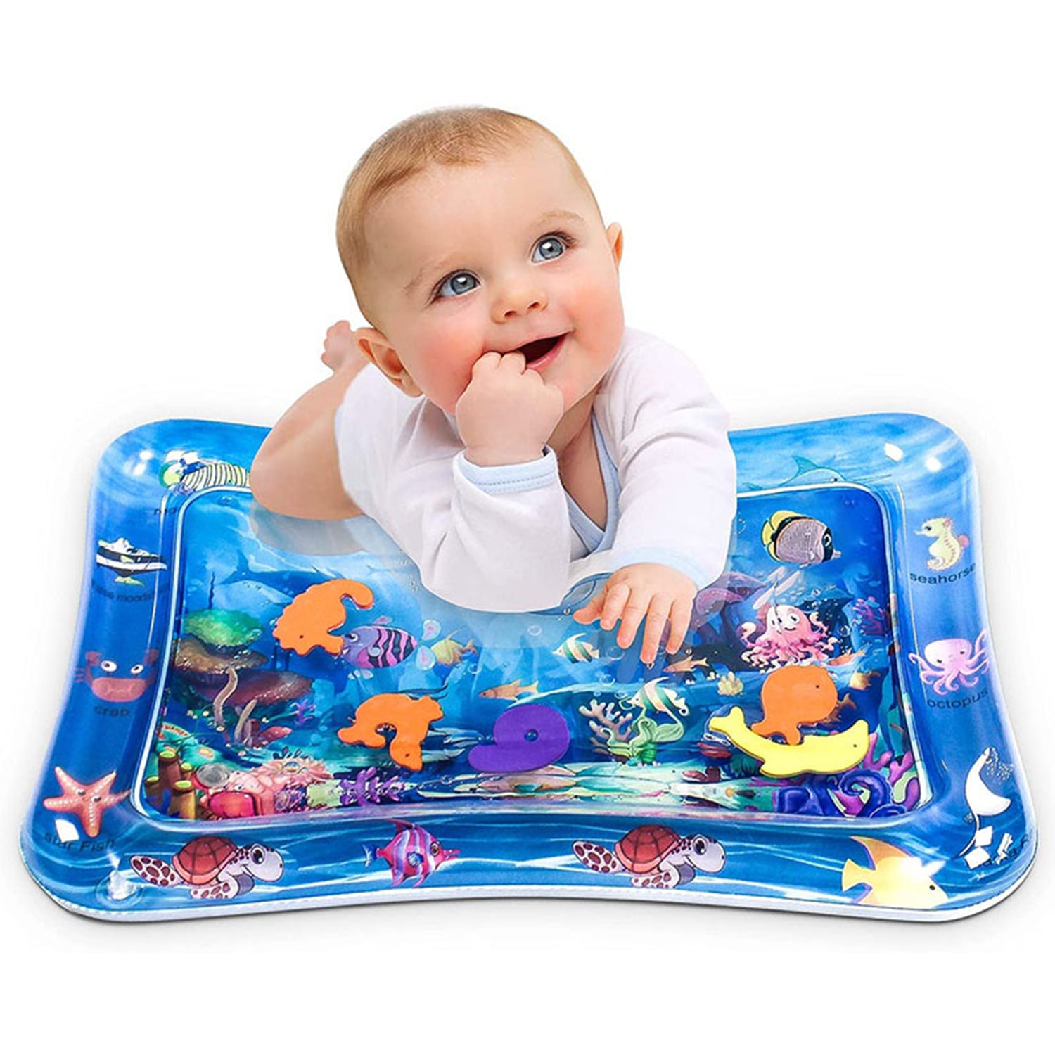 baby water play mat with colorful sea creatures for tummy time featuring floating toys