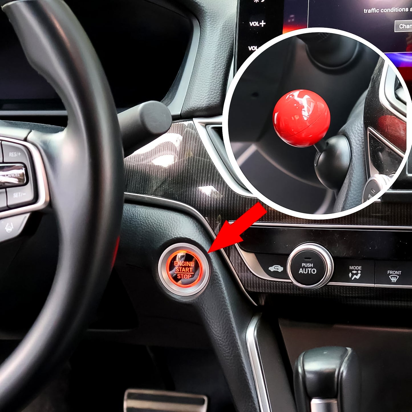 universal car start button accessory on dash with red illuminated engine start stop button and red knob