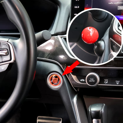 universal car start button accessory on dash with red illuminated engine start stop button and red knob