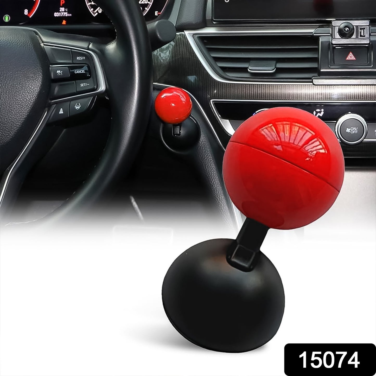 Red spherical universal car start button accessory mounted near steering wheel and standalone on black base