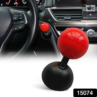 Red spherical universal car start button accessory mounted near steering wheel and standalone on black base
